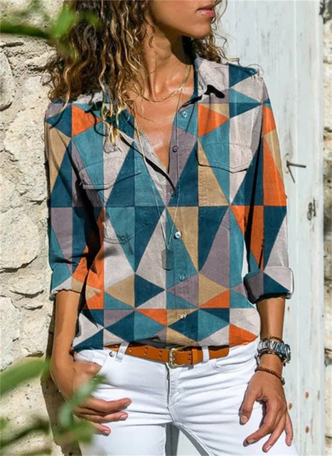 Petra | Women's Printed Long Sleeve Button Up Collared Shirt