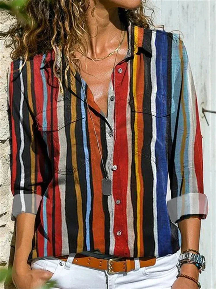 Petra | Women's Printed Long Sleeve Button Up Collared Shirt