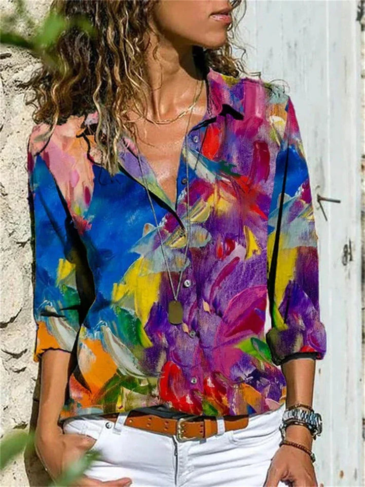 Petra | Women's Printed Long Sleeve Button Up Collared Shirt