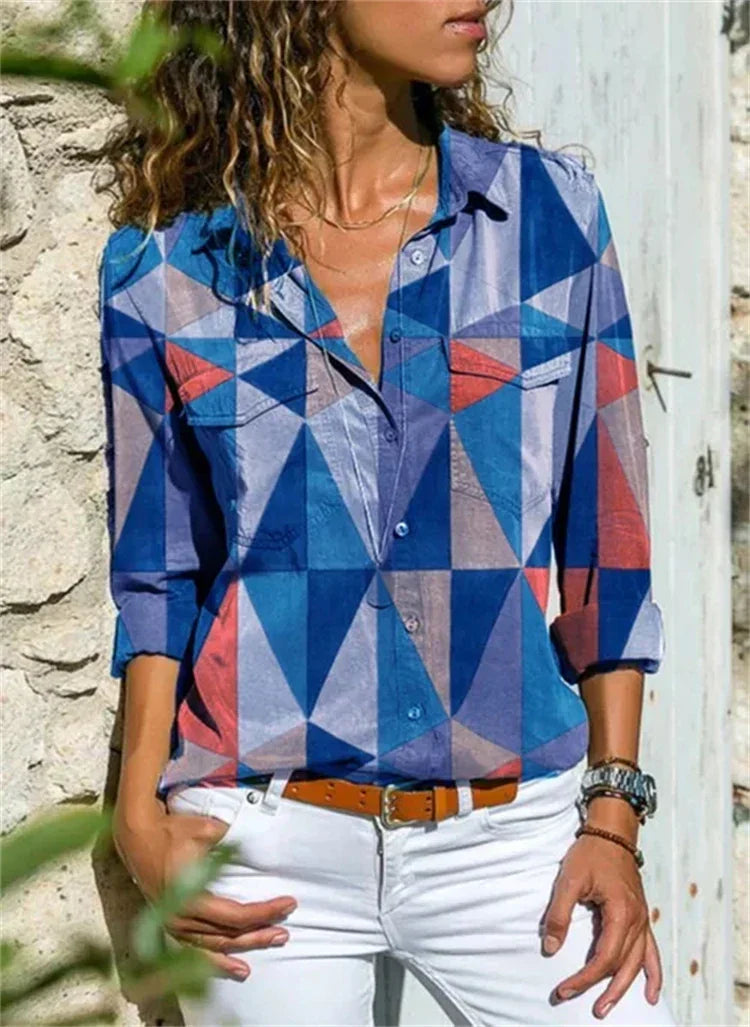 Petra | Women's Printed Long Sleeve Button Up Collared Shirt