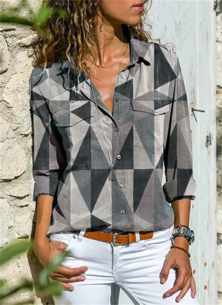 Petra | Women's Printed Long Sleeve Button Up Collared Shirt