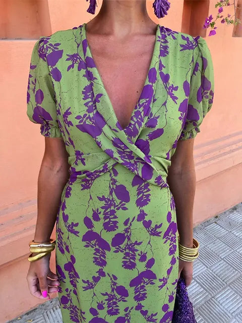 Savana | Women's Floral Wrap Midi Dress - Olive Green - Image 4