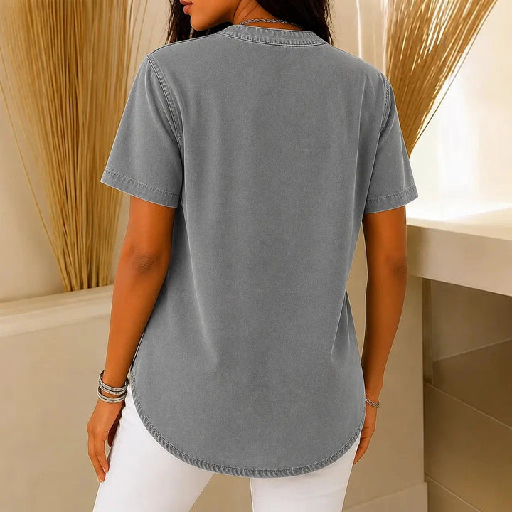 Lorreth | Women's Henley Tunic Top with Side Buttons - Grey - Image 2
