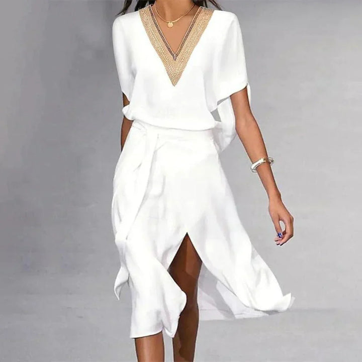 Livia | Women's White Wrap Midi Dress V-Neck Short Sleeve Belted Dress
