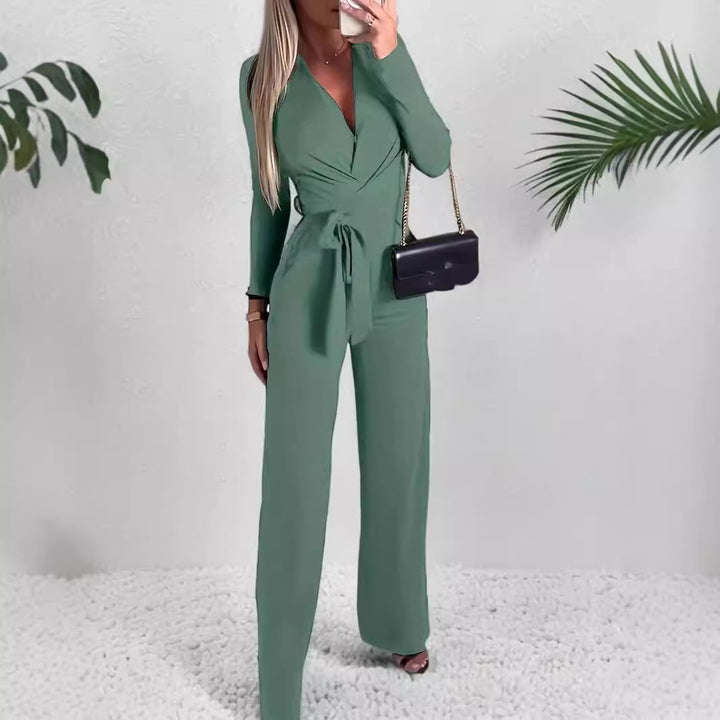 Jennive | Women's Wrap V-Neck Belted Wide Leg Jumpsuit