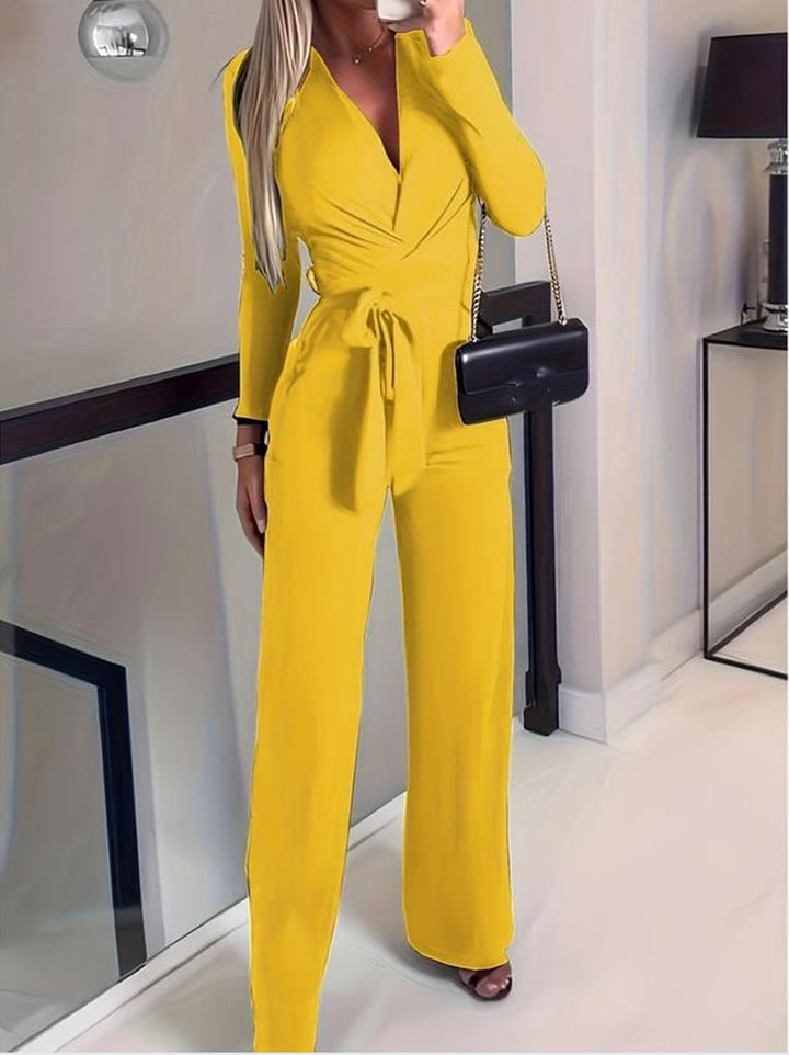 Jennive | Women's Wrap V-Neck Belted Wide Leg Jumpsuit