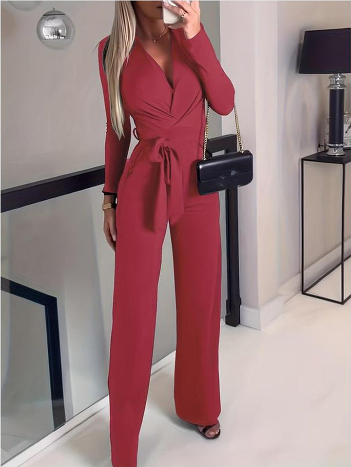 Jennive | Women's Wrap V-Neck Belted Wide Leg Jumpsuit