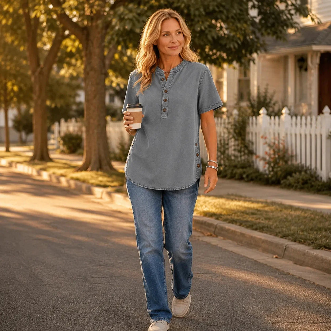 Lorreth | Women's Henley Tunic Top with Side Buttons - Grey - Image 3