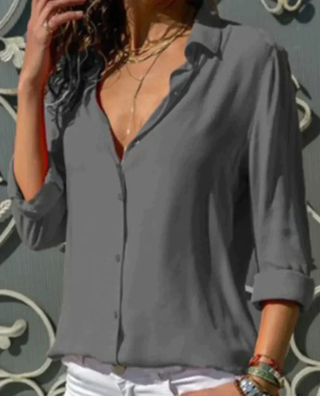 Kenna | Women's Satin Button-Up Blouse Long Sleeve V-Neck Shirt
