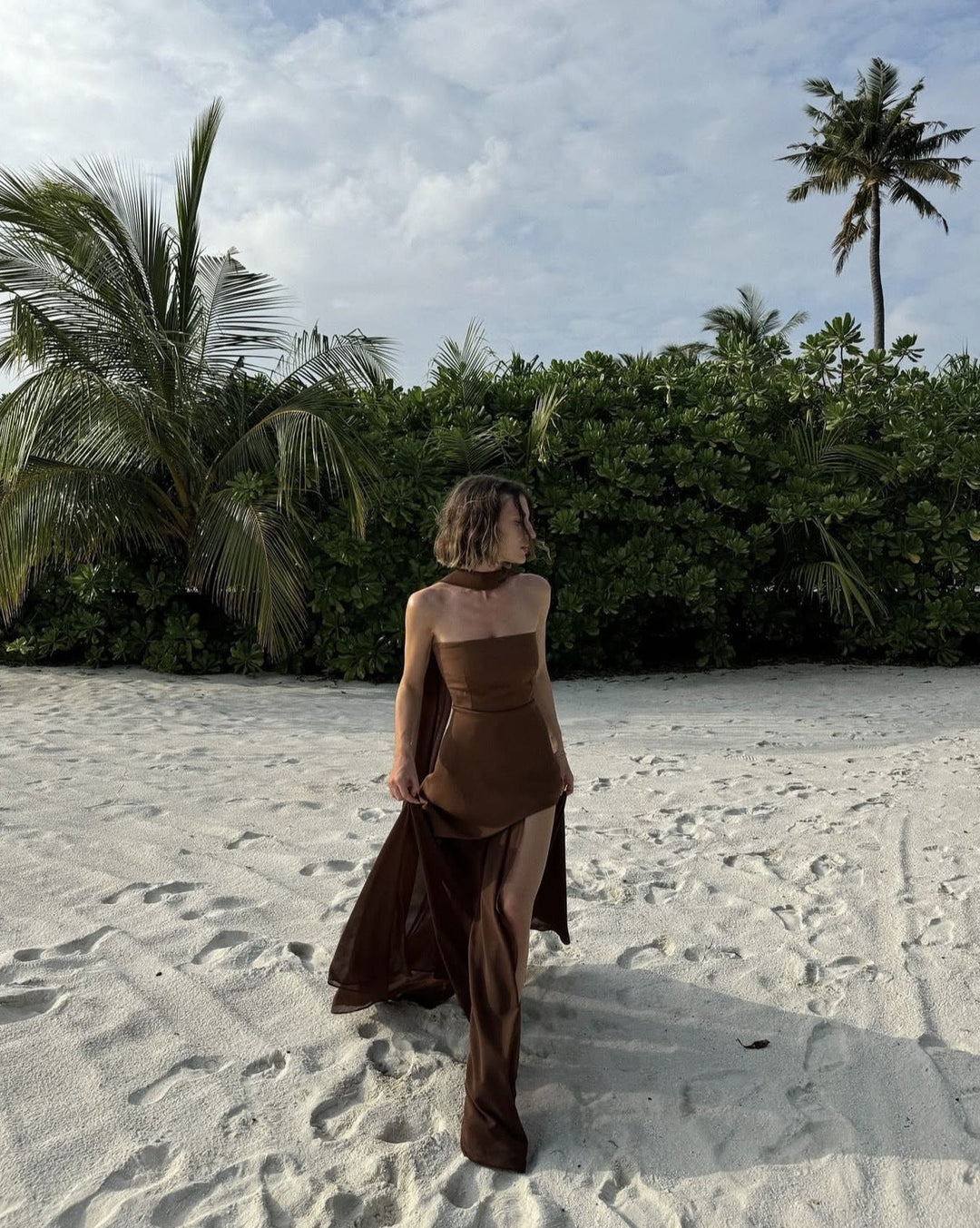 Ariadne | Strapless Patchwork Mesh Asymmetrical Maxi Dress