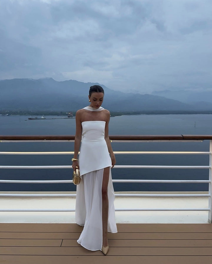 Ariadne | Strapless Patchwork Mesh Asymmetrical Maxi Dress