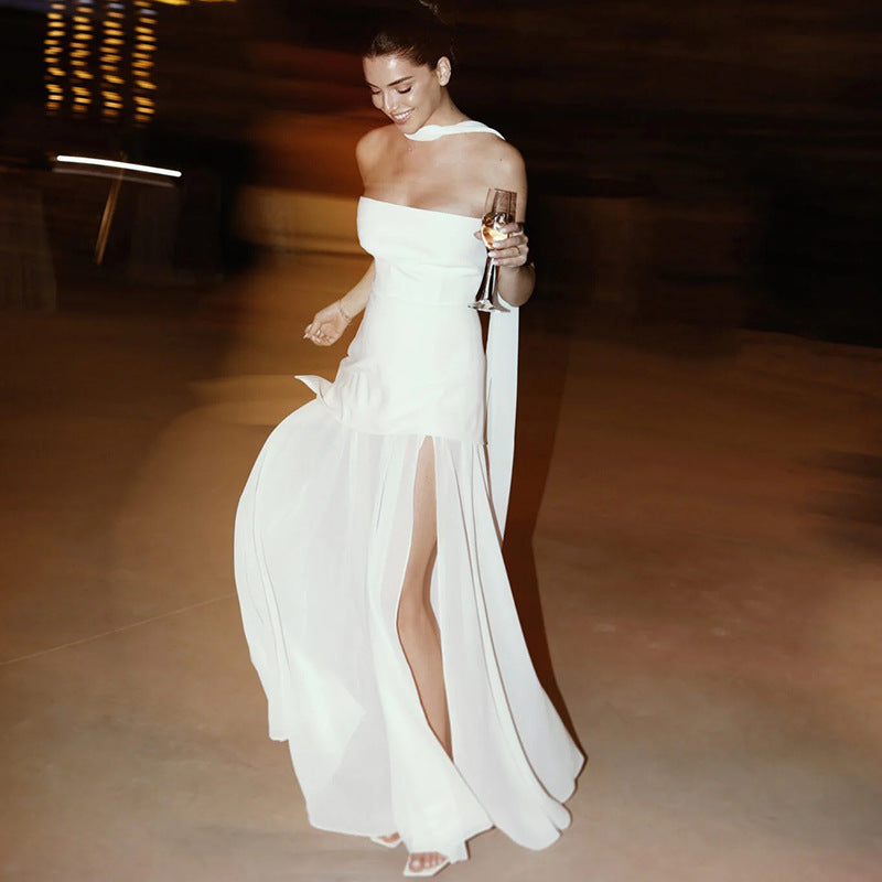 Ariadne | Strapless Patchwork Mesh Asymmetrical Maxi Dress