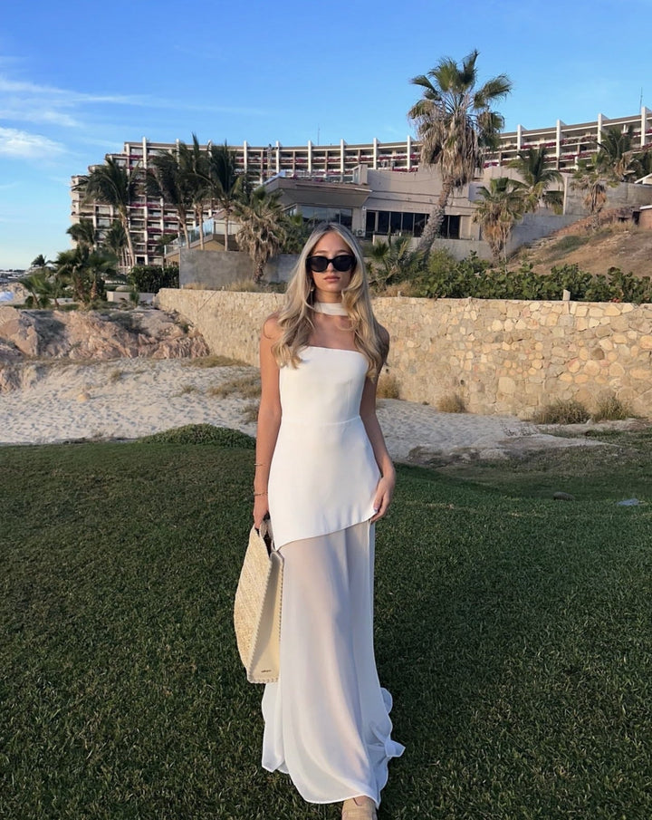 Ariadne | Strapless Patchwork Mesh Asymmetrical Maxi Dress