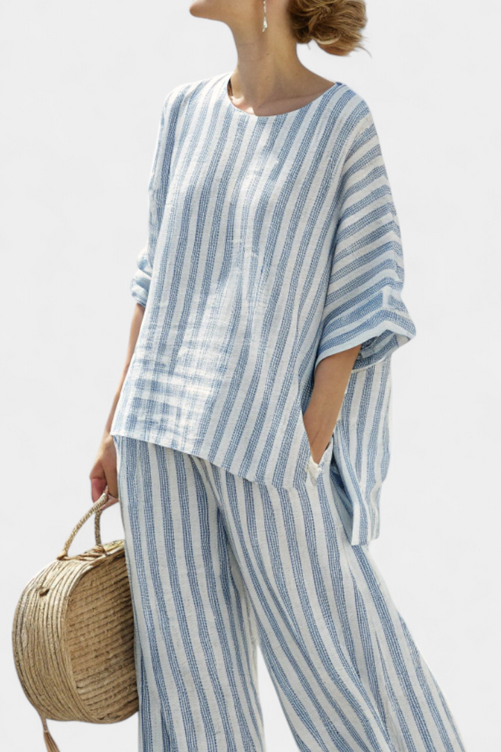 Sorrento | Women's Striped Linen Top Wide Leg Pants Set