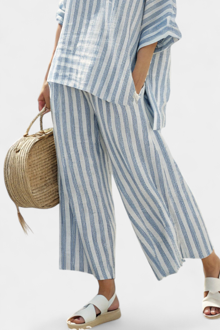 Sorrento | Women's Striped Linen Top Wide Leg Pants Set