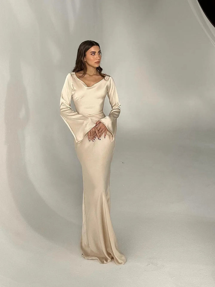 Pharia | Women's Long Sleeve Satin Cowl Neck Maxi Dress