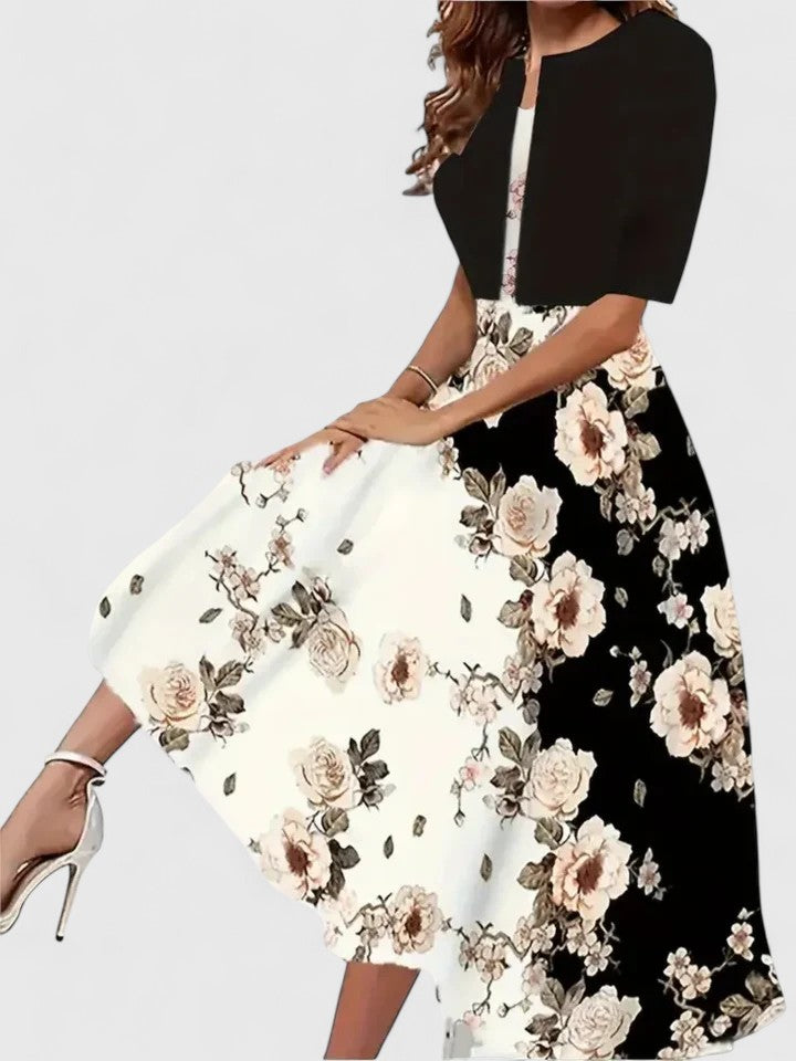 Belle | Women's Floral Midi Dress with Cropped Jacket Two-Piece Set
