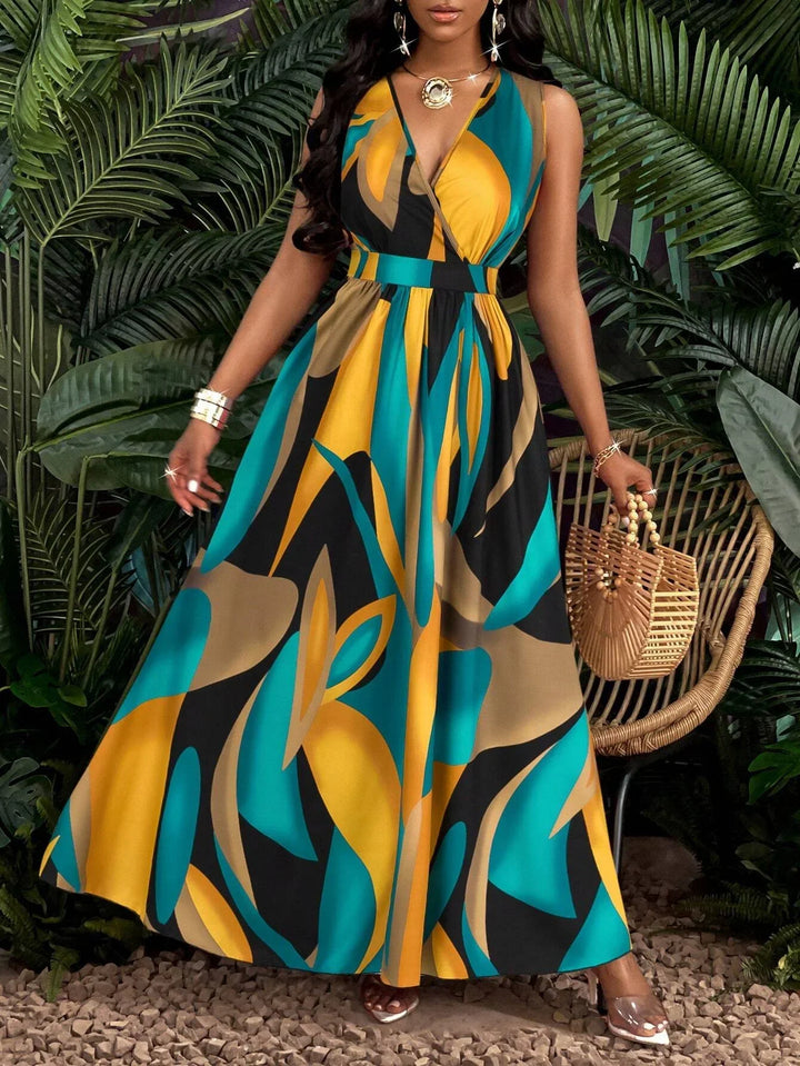Zara | Women's V-Neck Sleeveless Belted Maxi Dress Printed
