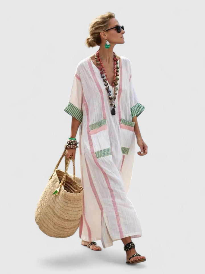 Capri | Women's Striped Kaftan Maxi Dress V-Neck 3/4 Sleeve
