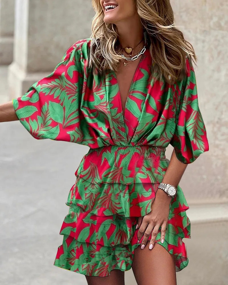 Zara | Women's Printed Mini Dress with Batwing Sleeves & Ruffle Skirt