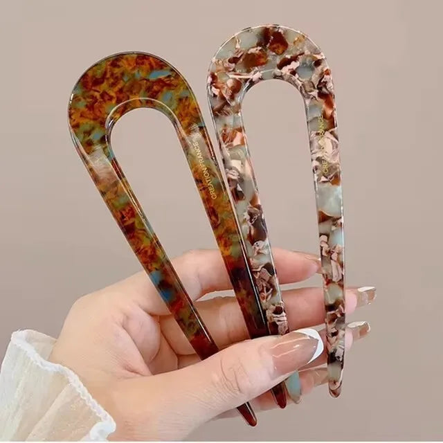 Serine™ | Fashion Marble Print U-Shaped Hair Fork Acetate Geometric Hair Clip Stick For Bun Maker Women Girls DIY Vintage Hairstyle Tools