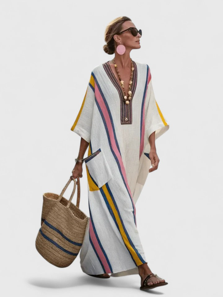 Capri | Women's Striped Kaftan Maxi Dress V-Neck 3/4 Sleeve