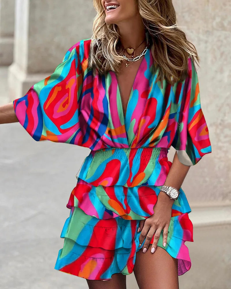 Zara | Women's Printed Mini Dress with Batwing Sleeves & Ruffle Skirt