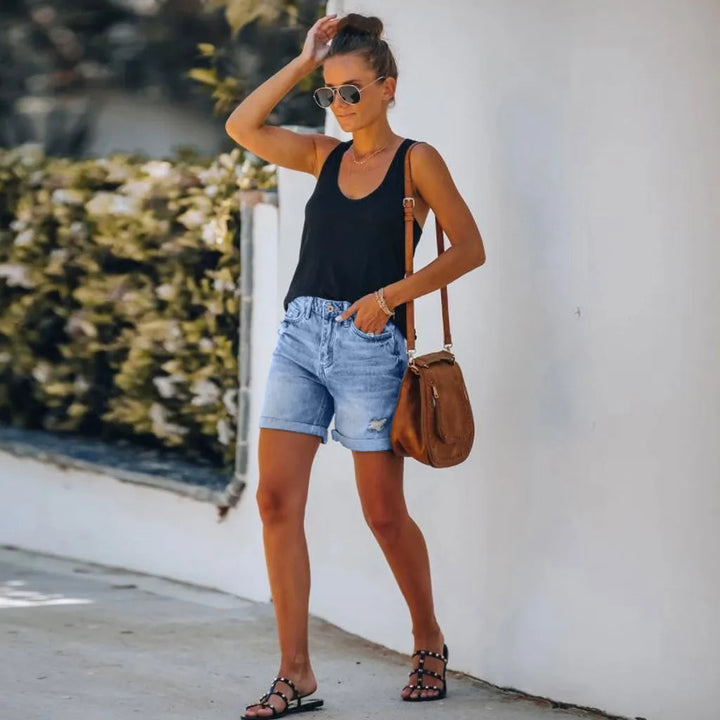 Mia | Women's High Waist Distressed Denim Shorts with Rolled Hem