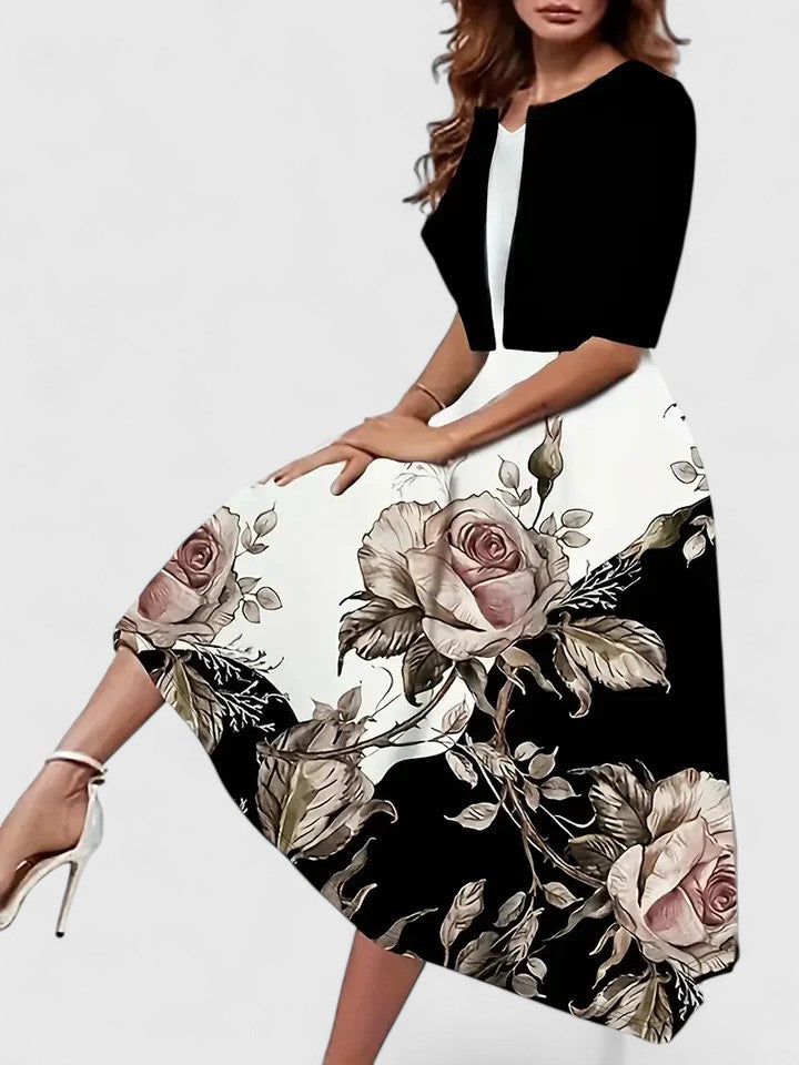 Belle | Women's Floral Midi Dress with Cropped Jacket Two-Piece Set