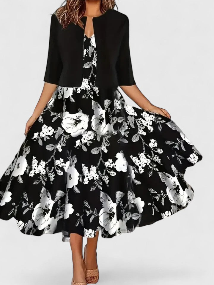 Belle | Women's Floral Midi Dress with Cropped Jacket Two-Piece Set