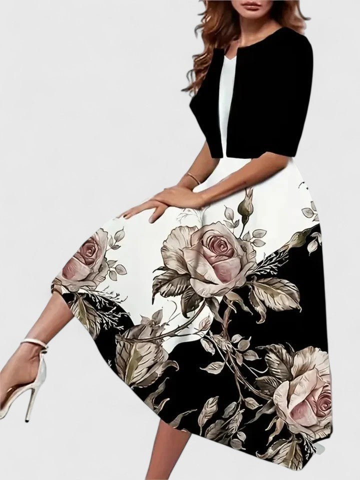 Belle | Women's Floral Midi Dress with Cropped Jacket Two-Piece Set