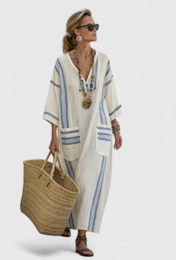 Capri | Women's Striped Kaftan Maxi Dress V-Neck 3/4 Sleeve