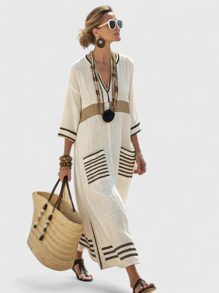 Capri | Women's Striped Kaftan Maxi Dress V-Neck 3/4 Sleeve