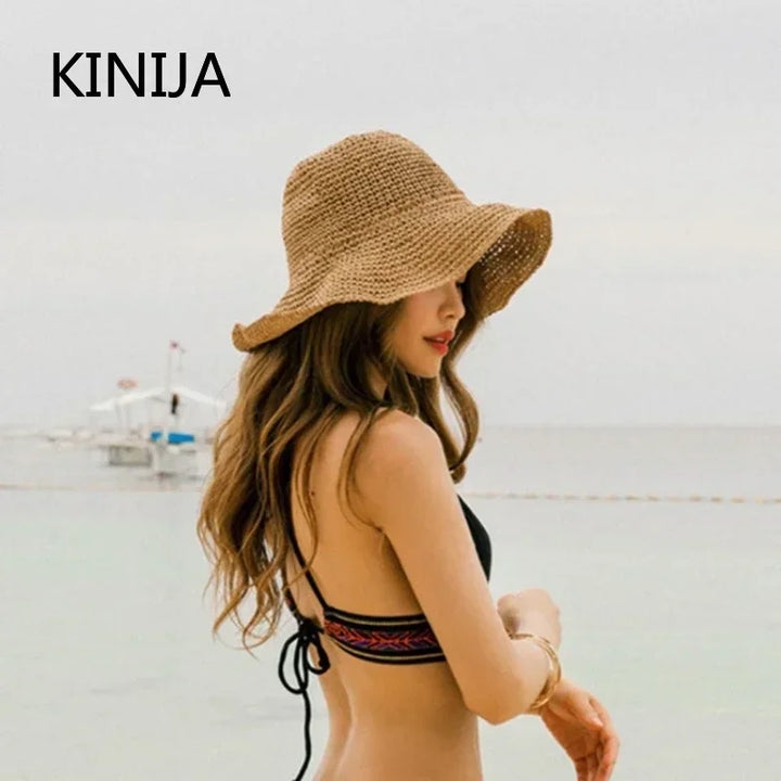 Meadow™ | Beach Hat Women's Sunscreen Cap Simple Women's Panama Straw Hat Summer Sun Hat for Women Lady Foldable Travel Caps 10cm Brim Floppy