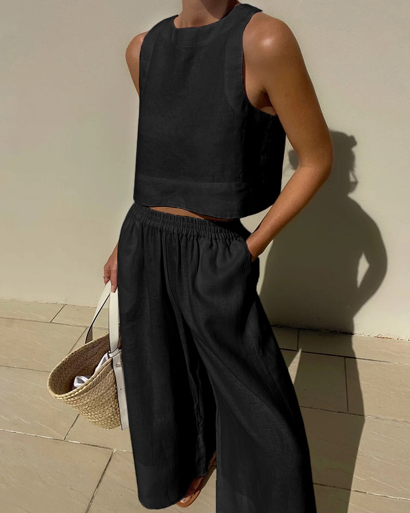 Fayenne | Women's Linen Two-Piece Set Sleeveless Tank Top & Wide-Leg Shorts