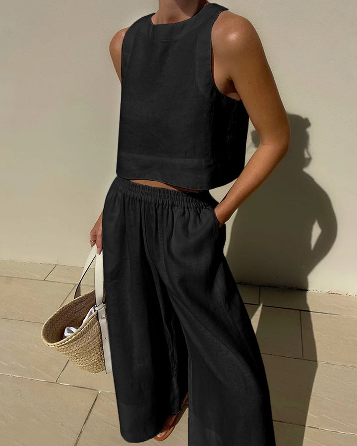 Fayenne | Women's Linen Two-Piece Set Sleeveless Tank Top & Wide-Leg Shorts