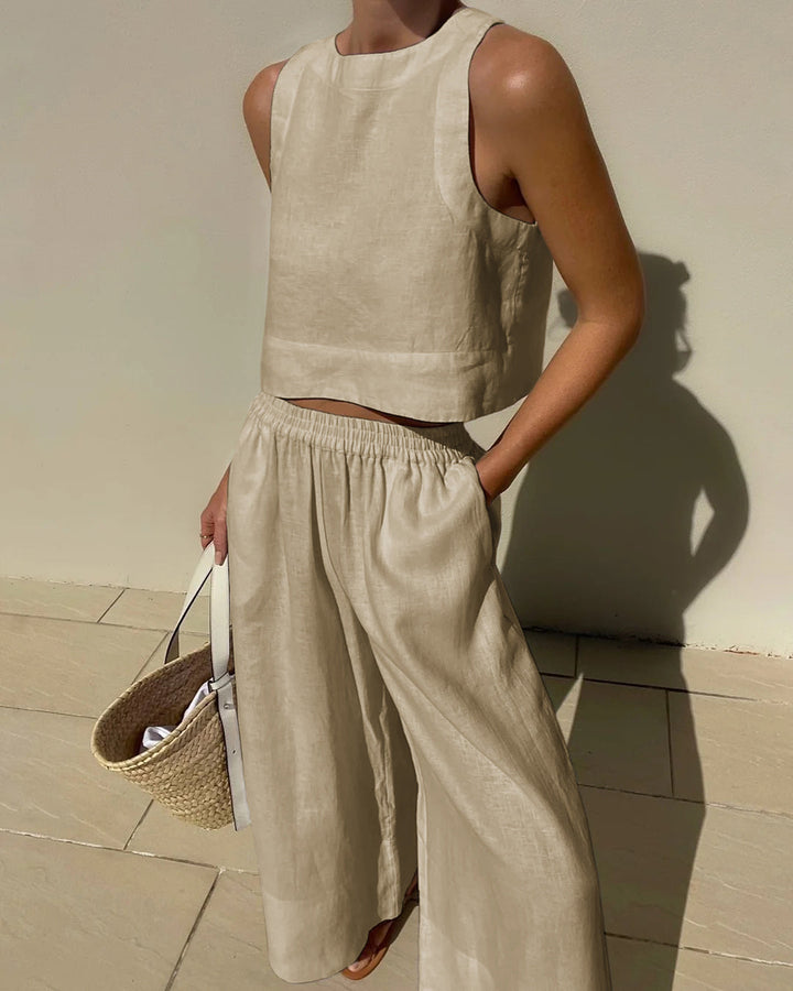 Fayenne | Women's Linen Two-Piece Set Sleeveless Tank Top & Wide-Leg Shorts