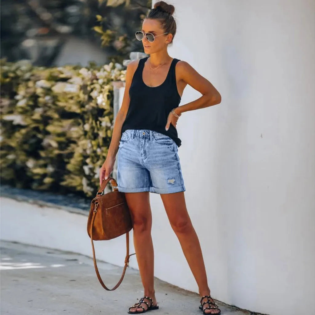 Mia | Women's High Waist Distressed Denim Shorts with Rolled Hem