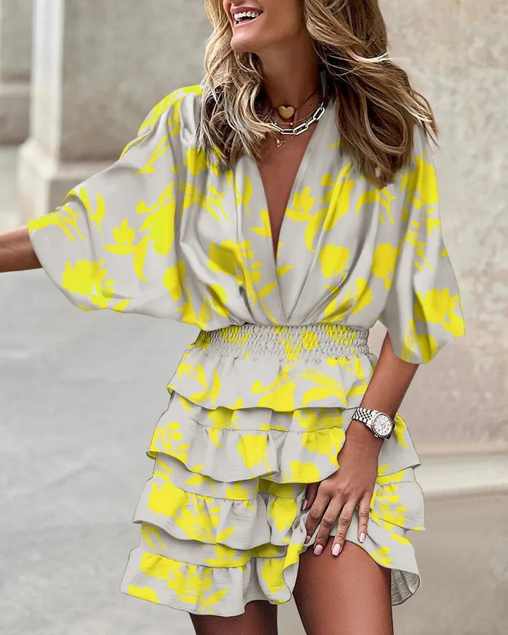 Zara | Women's Printed Mini Dress with Batwing Sleeves & Ruffle Skirt