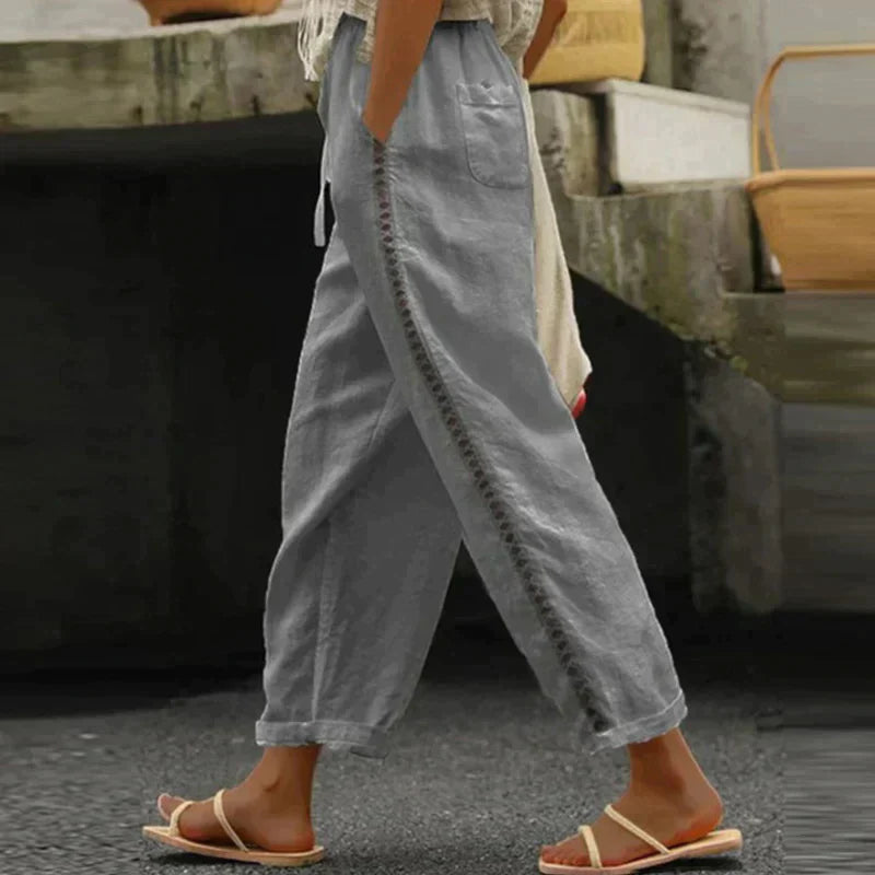 Demi | Women's Wide Leg Linen Trousers with Drawstring Waist
