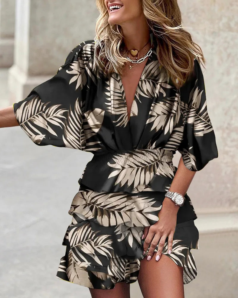 Zara | Women's Printed Mini Dress with Batwing Sleeves & Ruffle Skirt