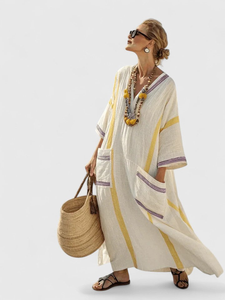 Capri | Women's Striped Kaftan Maxi Dress V-Neck 3/4 Sleeve