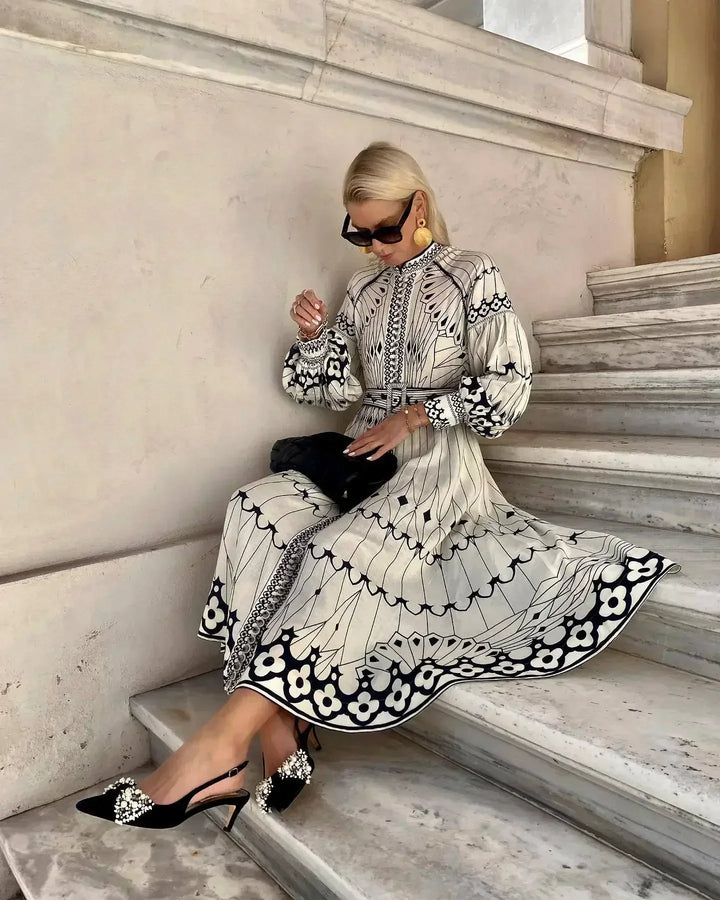 Mirabel™ | Elegant Retro Pattern Print A-Line Dress