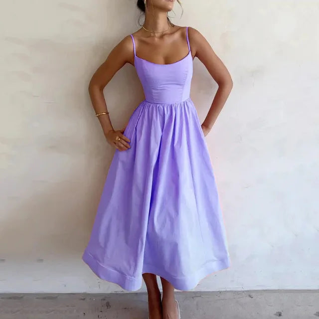 Astrid | Women's Spaghetti Strap Midi Flare Dress - Pink - Image 3