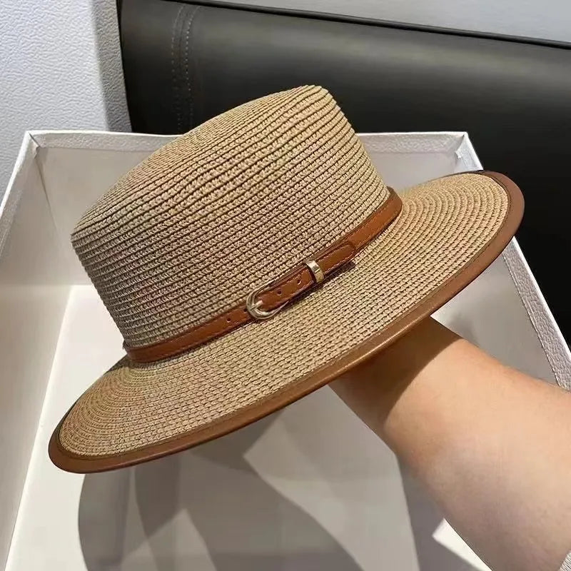 Nia™ | New Fashion Straw Hat Women Wide Brim Sun Protection Beach Hat Bow Straw Cap Casual Ladies Flat Top Panama Hat