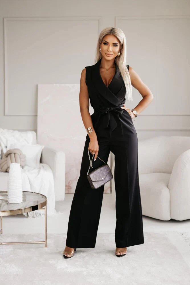 Giuliana | Women's Sleeveless Wide-Leg Jumpsuit V-Neck Belted Formal Playsuit