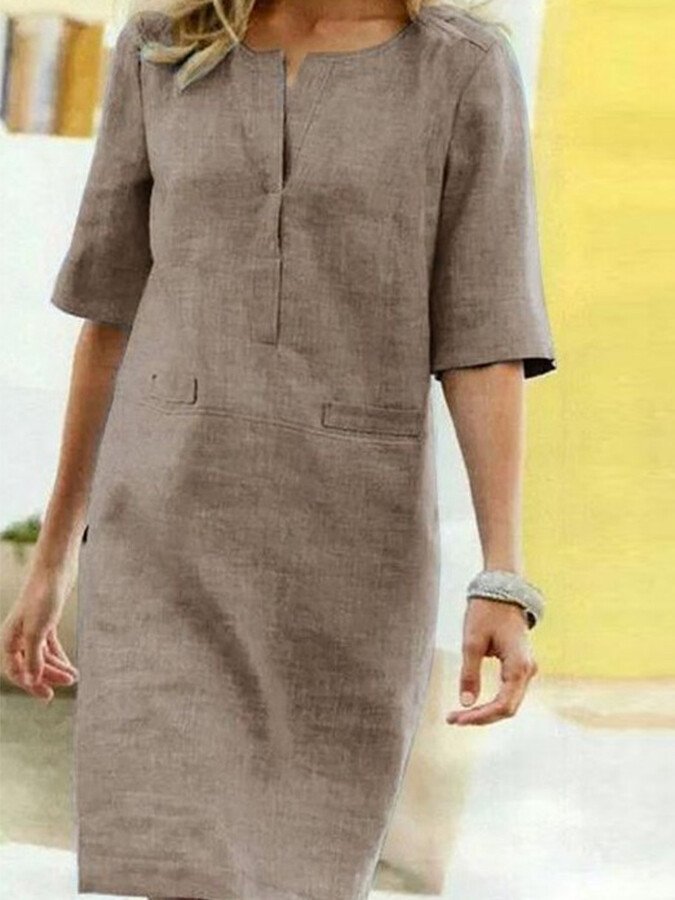 Anaïs | Women's Linen Blend Shift Dress 3/4 Sleeve V-Neck Casual Midi Dress