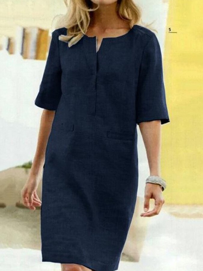 Anaïs | Women's Linen Blend Shift Dress 3/4 Sleeve V-Neck Casual Midi Dress