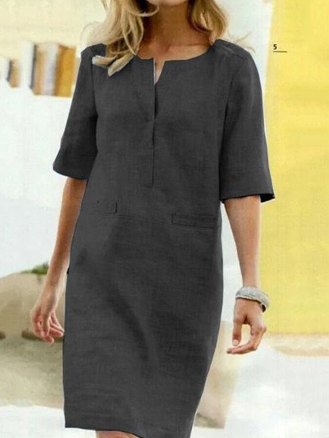 Anaïs | Women's Linen Blend Shift Dress 3/4 Sleeve V-Neck Casual Midi Dress