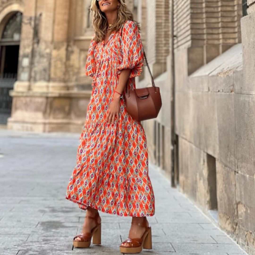 Margot | Women's V-Neck Puff Sleeve Boho Floral Maxi Dress